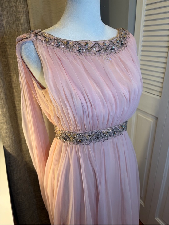 Vintage Dresses & Skirts - Union Made Vintage One-Shoulder Pale Pink Chiffon Gown with Beaded Embellishment
